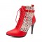 Pointed Toe Stiletto Heels Side Zipper LaceUp Ankle Straps Leopard Boots - Red