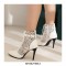 Pointed Toe Stiletto Heels Side Zipper LaceUp Ankle Straps Leopard Boots - White