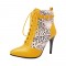 Pointed Toe Stiletto Heels Side Zipper LaceUp Ankle Straps Leopard Boots - Yellow
