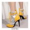 Pointed Toe Stiletto Heels Side Zipper LaceUp Ankle Straps Leopard Boots - Yellow