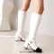 Round Toe Chunky Heels Flower Decorated Knee Highs Zipper Boots - White Faux Leather