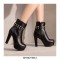 Round Toe Cuban Heels Platforms Side Zipper Ankle Rivet Decorated Straps Boots - Black