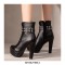Round Toe Cuban Heels Platforms Side Zipper Ankle Rivet Decorated Straps Boots - Black