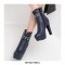Round Toe Cuban Heels Platforms Side Zipper Ankle Rivet Decorated Straps Boots - Blue