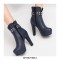 Round Toe Cuban Heels Platforms Side Zipper Ankle Rivet Decorated Straps Boots - Blue