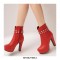 Round Toe Cuban Heels Platforms Side Zipper Ankle Rivet Decorated Straps Boots - Red