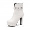 Round Toe Cuban Heels Platforms Side Zipper Ankle Rivet Decorated Straps Boots - White