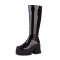 Square Toe Chunky Heels Knee Highs Platforms Autumn Classy Side Zipper Rain Boots - Black Patent