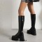 Square Toe Chunky Heels Knee Highs Platforms Autumn Classy Side Zipper Rain Boots - Black Patent