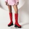 Square Toe Chunky Heels Knee Highs Platforms Autumn Classy Side Zipper Rain Boots - Red Patent