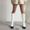 Square Toe Chunky Heels Knee Highs Platforms Autumn Classy Side Zipper Rain Boots - White Patent