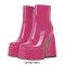 Square Toe Chunky Heels Side Zipper Platforms Ankle High Boots - Hot Pink Patent