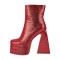 Square Toe Chunky Heels Side Zipper Platforms Ankle Highs Boots - Red Faux Leather