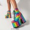Round Toe Chunky Heels Lace Up Bat Print Platforms Ankle Highs Boots - Multicolor Patent