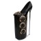 Fly High Platforms Stiletto Metal Super 12 inches Heels Golden Buckle Straps Decorated Round Toe Pumps - Black Patent