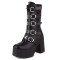 Round Toe Buckle Straps Punk Goth Platforms Chunky Heels Knee Highs Buckle Straps Boots- Black Faux Leather