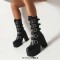 Round Toe Buckle Straps Punk Goth Platforms Chunky Heels Knee Highs Buckle Straps Boots- Black Faux Leather