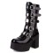 Round Toe Buckle Straps Punk Goth Platforms Chunky Heels Knee Highs Buckle Straps Boots- Black Patent