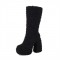 Round Toe Chunky Heels Platforms Knee Highs Fluffy Wool Booties - Black Faux Wool