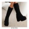 Round Toe Chunky Heels Platforms Knee Highs Fluffy Wool Booties - Black