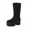 Round Toe Chunky Heels Platforms Knee Highs Mid Calf Warm Fluffy Booties with Side Zipper - Black Faux Wool
