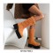 Round Toe Chunky Heels Platforms Knee Highs Fluffy Wool Booties with Side Zipper - Orange