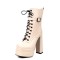 Square Toe Lace Up Ankle Straps Side Zipper Double Platforms Chunky Heels Boots - Beige Faux Leather