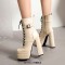 Square Toe Lace Up Ankle Straps Side Zipper Double Platforms Chunky Heels Boots - Beige Faux Leather