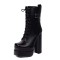 Square Toe Lace Up Ankle Straps Side Zipper Double Platforms Chunky Heels Boots - Black Faux Leather