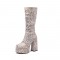 Round Toe Chunky Heels Side Zipper KneeHighs Platforms Leopard Boots - Beige