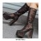 Round Toe Chunky Heels Side Zipper KneeHighs Platforms Leopard Boots - Black