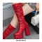 Round Toe Chunky Heels Side Zipper KneeHighs Platforms Leopard Boots - Red