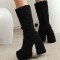Round Toe Chunky Heels Platforms Knee Highs Fluffy Wool Booties - Black Faux Wool