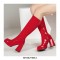 Round Toe Chunky Heels Side Zipper KneeHigh Autumn Rain Boots - Red