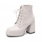 Round Toe Chunky Heels Platforms Ankle LaceUp Boots - White