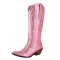 Pointed Toe Chunky Heels Embroidered Shiny Western Style Knee Highs Cowboy Boots - Pink Faux Leather