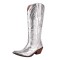 Pointed Toe Chunky Heels Embroidered Shiny Western Style Knee Highs Cowboy Boots - Silver Faux Leather