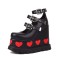 Round Toe Platforms Red Hearts Three Row Metal Buckle Straps Punk Gothic Wedges Pumps - Black Faux Leather