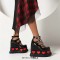 Round Toe Platforms Red Hearts Three Row Metal Buckle Straps Punk Gothic Wedges Pumps - Black Patent