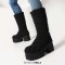 Round Toe Chunky Heels Platforms Knee Highs Mid Calf Warm Fluffy Booties with Side Zipper - Black Faux Wool