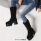 Round Toe Chunky Heels Platforms Knee Highs Mid Calf Warm Fluffy Booties with Side Zipper - Black Faux Wool