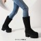 Round Toe Chunky Heels Platforms Knee Highs Mid Calf Warm Fluffy Booties with Side Zipper - Black Faux Wool