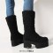 Round Toe Chunky Heels Platforms Knee Highs Mid Calf Warm Fluffy Booties with Side Zipper - Black Faux Wool