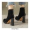 Round Toe Chunky Heels Suede Boots with Back Zipper - Black
