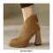Round Toe Chunky Heels Suede Boots with Back Zipper - Brown