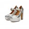 Square Toe Chunky Heels Platforms Crocodile Pattern Mary Janes Pumps - Silver