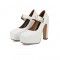 Square Toe Chunky Heels Platforms Matte Mary Janes Pumps - White
