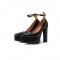 Pointed Toe Chunky Block Heels Platforms Ankle Buckle Straps Pumps - Black