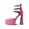 Pointed Toe Chunky Heels Platforms Ankle Buckle Straps Dorsay Pumps - Pink