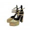 Pointed Toe Chunky Heels Platforms Ankle Buckle Straps Metallic Dorsay Pumps - Gold